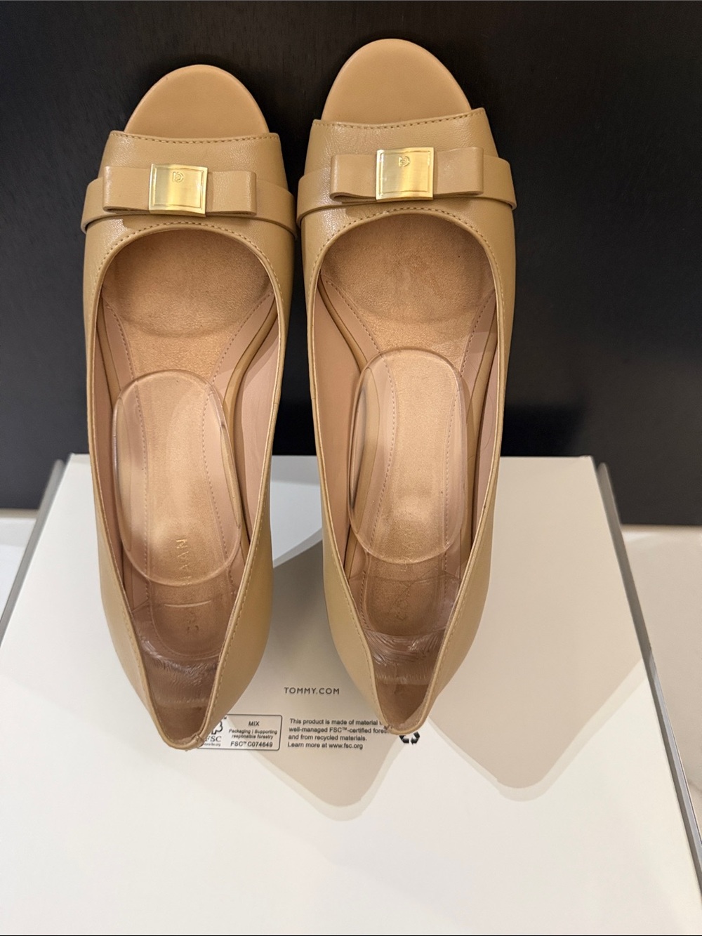Cole Haan Tan Peep-Toe Heels with Bow and Gold Accent